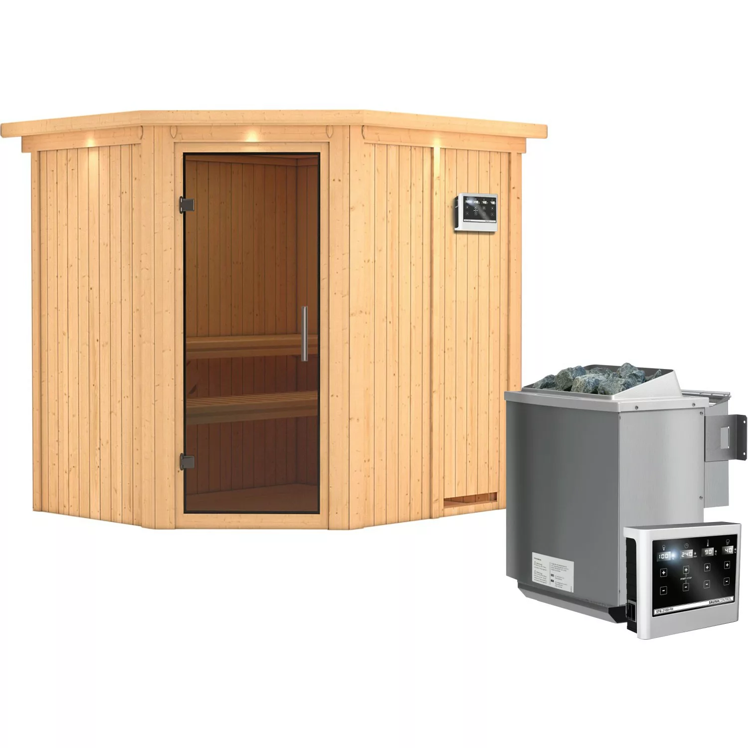 Karibu Sauna Swenna inkl. Bio-Ofen 9 kW ext. Steuerung, Dachkranz, Tür Grap günstig online kaufen