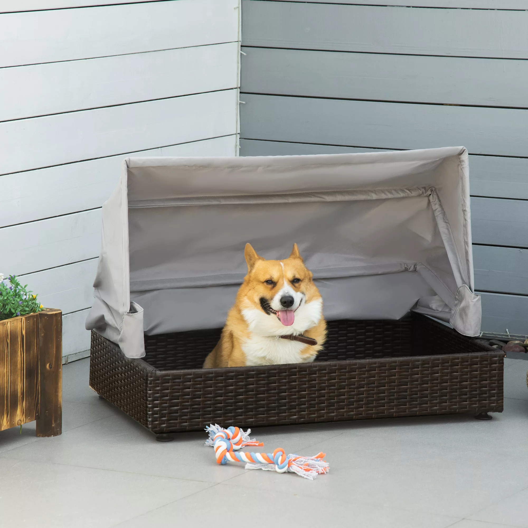 PawHut Rattan Hundehütte mit Dach  Hundeliege, Haustierbett, Outdoor, Kisse günstig online kaufen