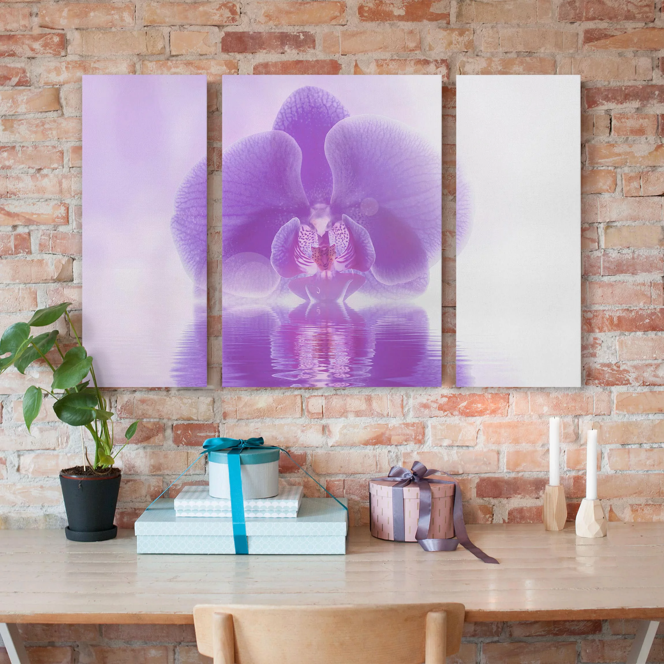 3-teiliges Leinwandbild Blumen - Querformat Lila Orchidee auf Wasser günstig online kaufen
