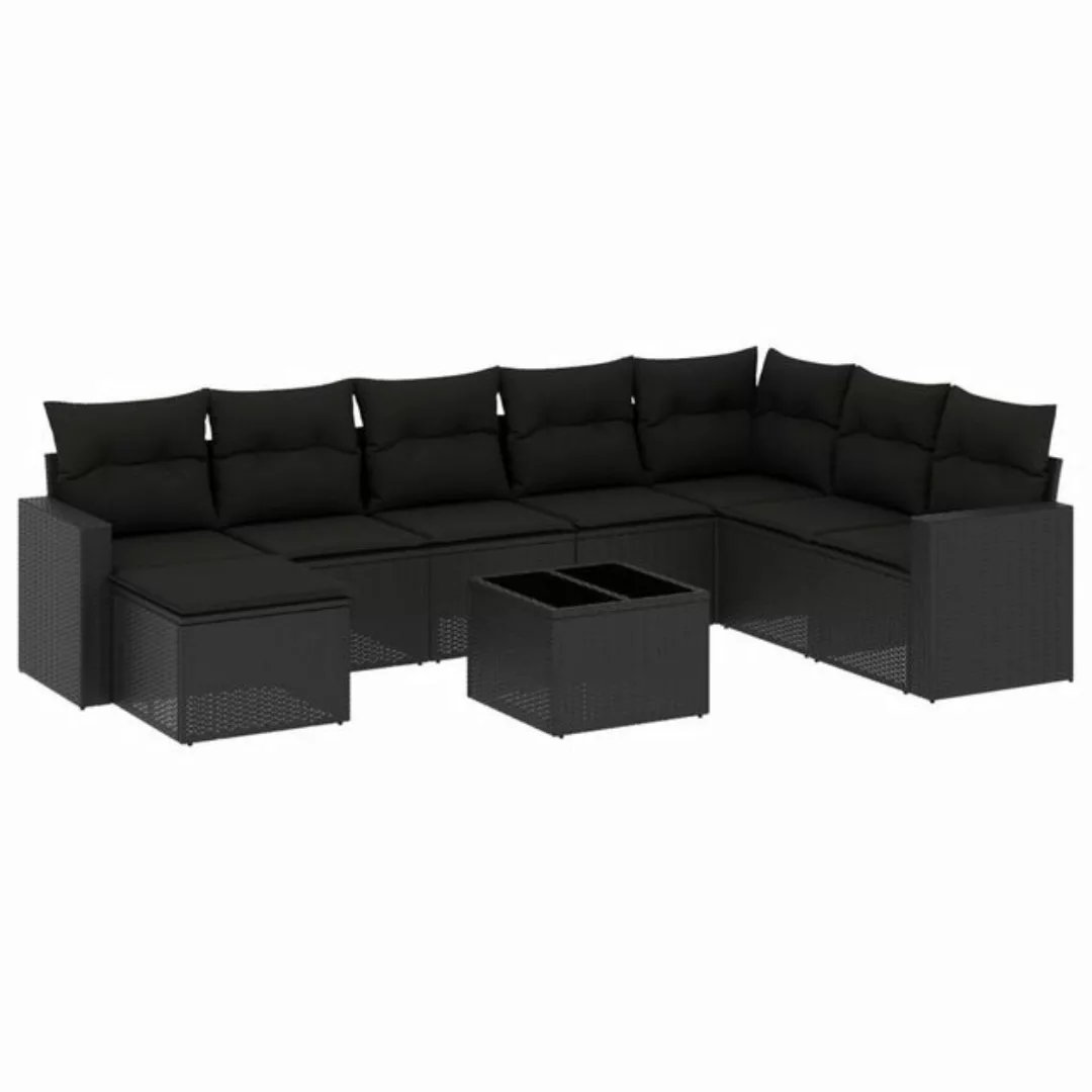 vidaXL Loungesofa 9-tlg. Garten-Sofagarnitur mit Kissen Schwarz Poly Rattan günstig online kaufen