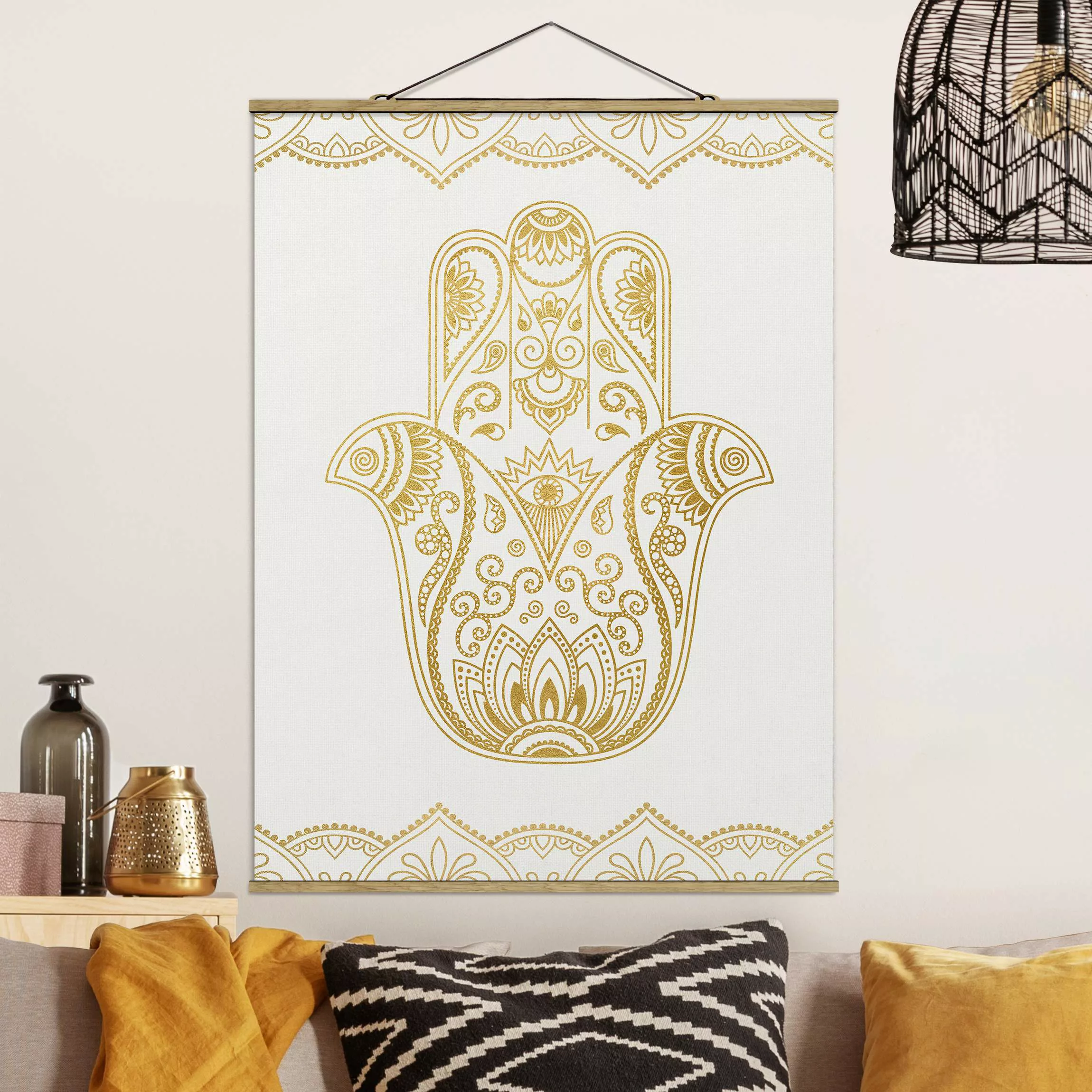 Stoffbild Mandala mit Posterleisten - Hochformat Hamsa Hand Illustration we günstig online kaufen
