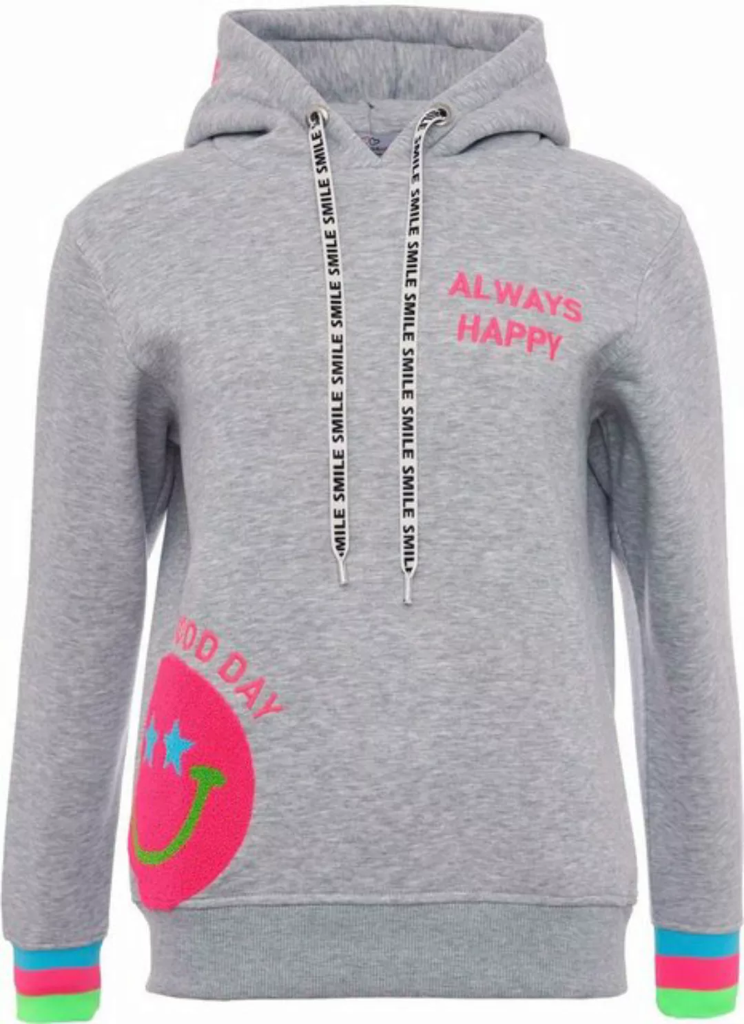 Zwillingsherz Hoodie Always Happy mit Smiley Aufdruck aus Frottee und Neon günstig online kaufen