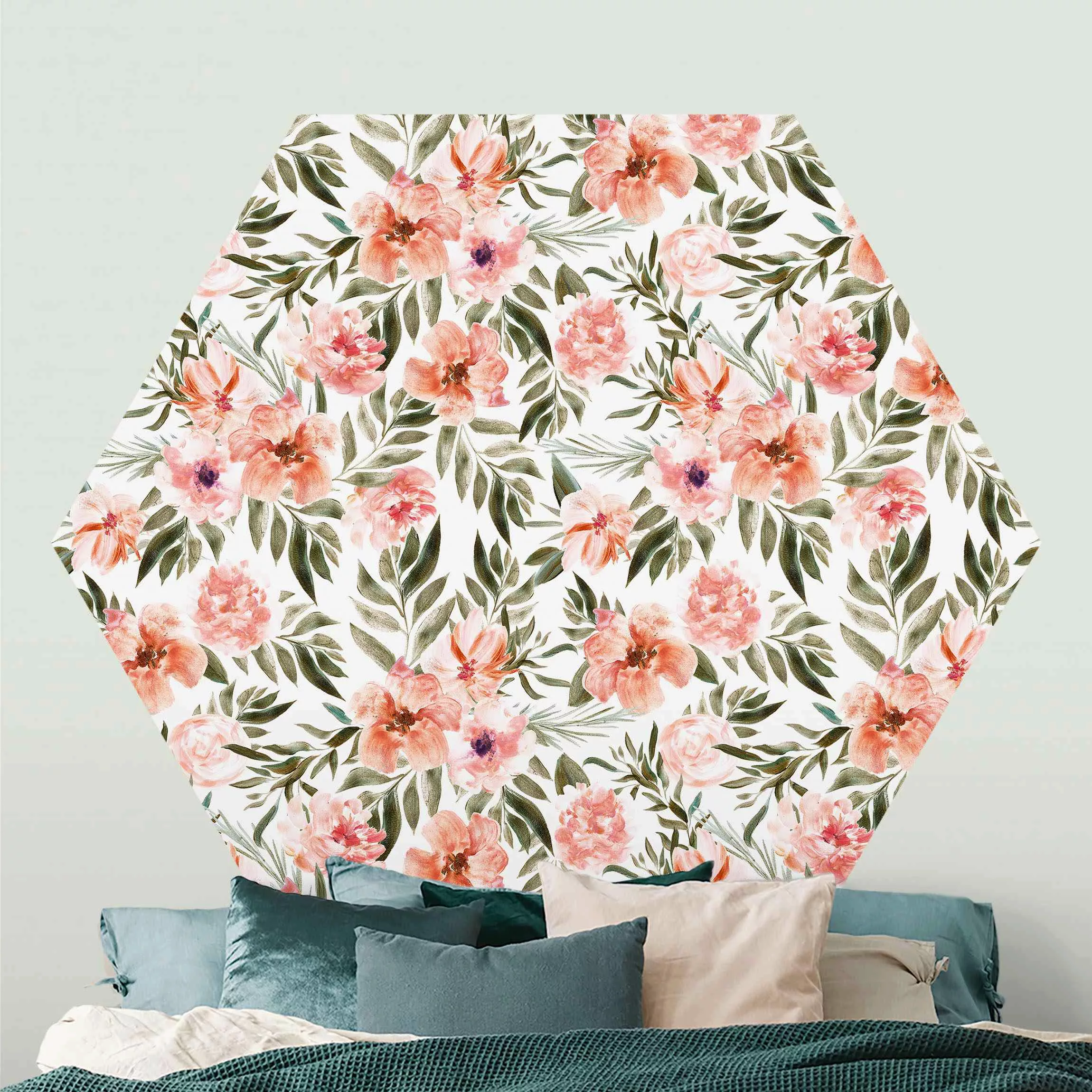 Hexagon Mustertapete selbstklebend Aquarell Rosa Blüten vor Weiß günstig online kaufen