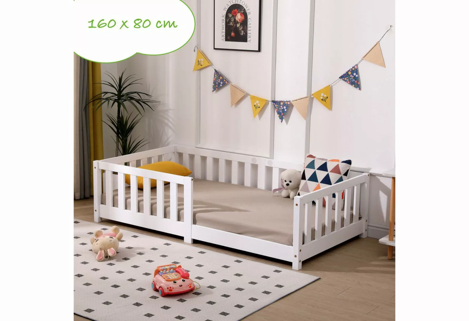 ecoMI Kinderbett mit Rausfallschutz inkl. Lattenrost, 90x200 & 80x160, Weiß günstig online kaufen