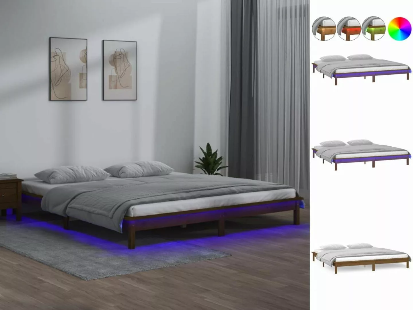 vidaXL Bettgestell Massivholzbett mit LEDs Honigbraun 140x200 cm Bett Bettr günstig online kaufen