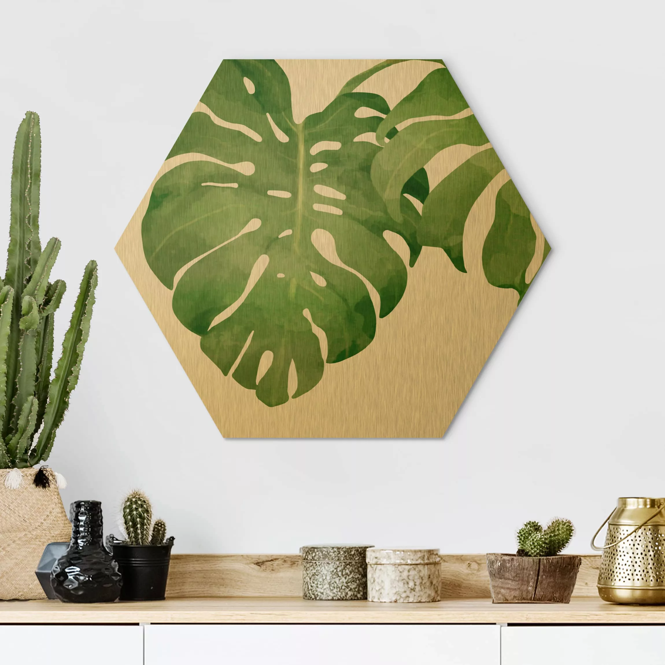 Hexagon-Alu-Dibond Bild Blumen Monstera Aquarell I günstig online kaufen