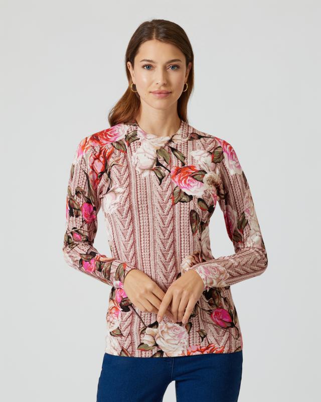 Ovanti Strickdesign Pullover mit Zopfstrick- und Blütendruck günstig online kaufen