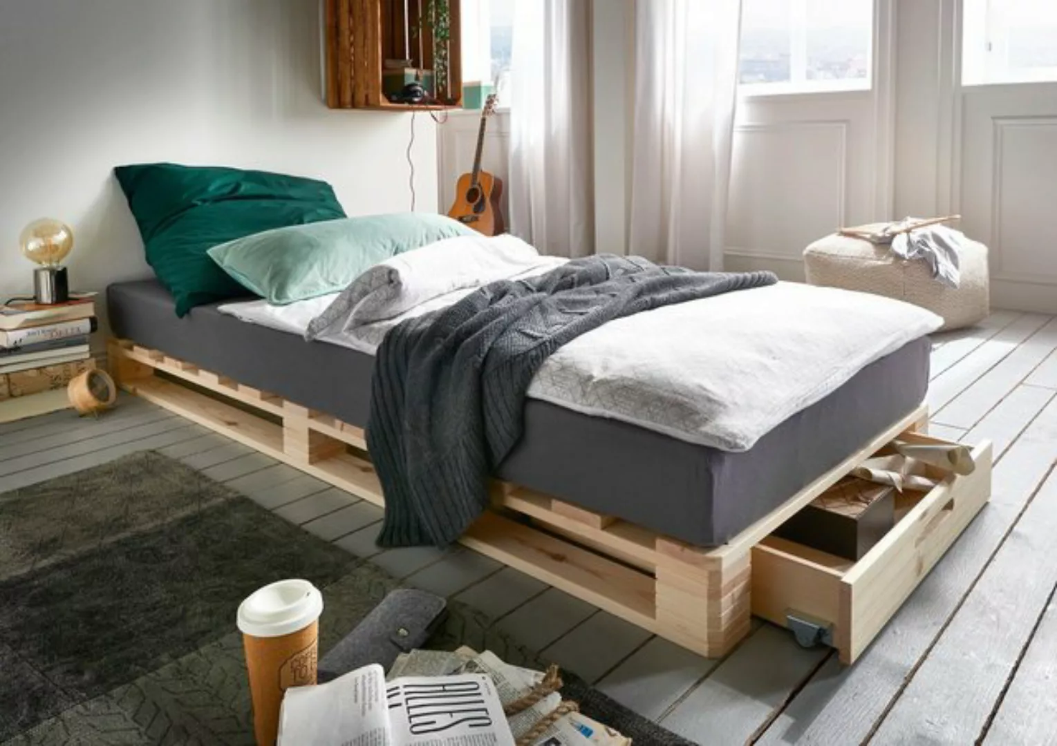 Main Möbel Massivholzbett Bett mit Schubkasten 90x200cm 'Finja' Kiefer mass günstig online kaufen
