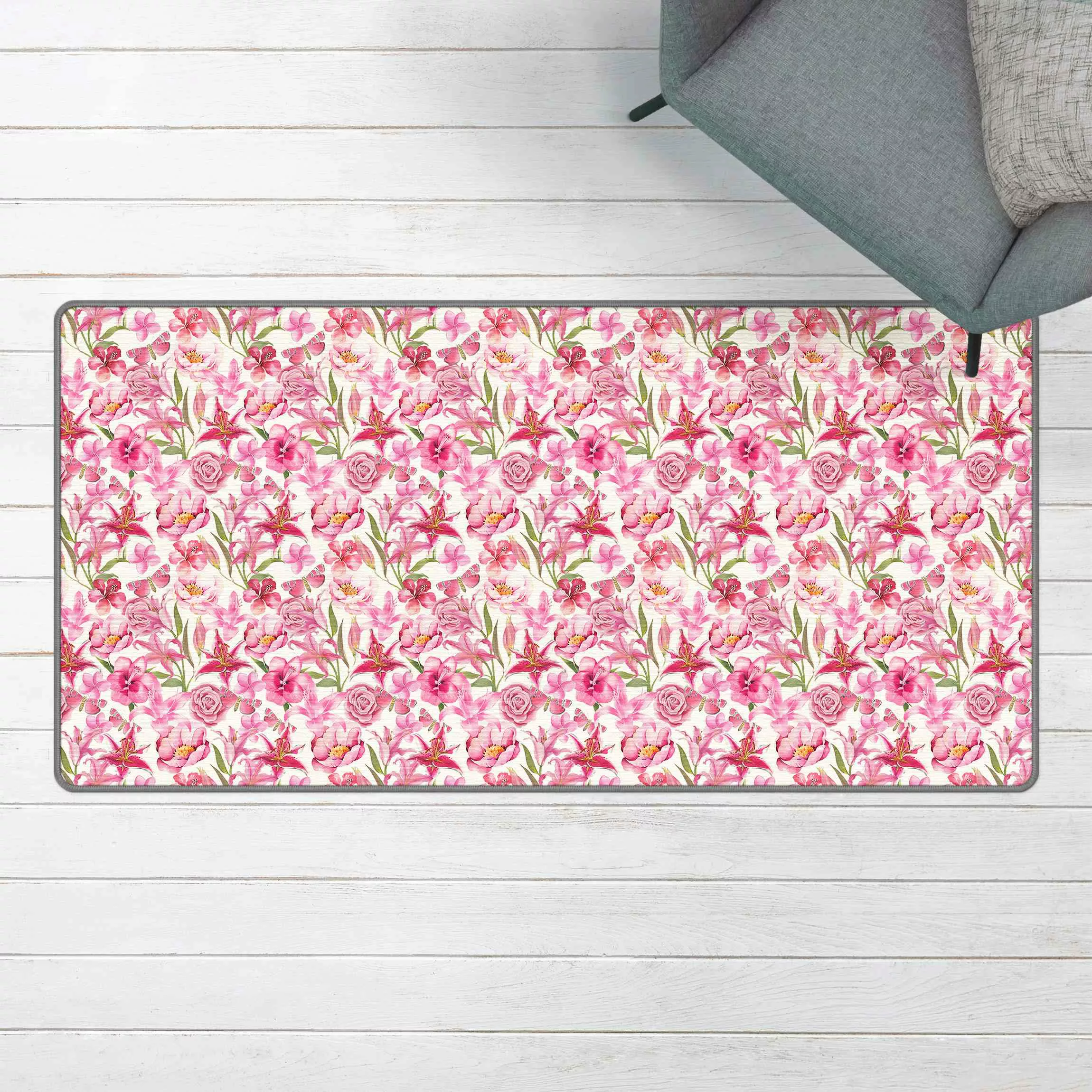 Teppich Pinke Blumen mit Schmetterlingen günstig online kaufen