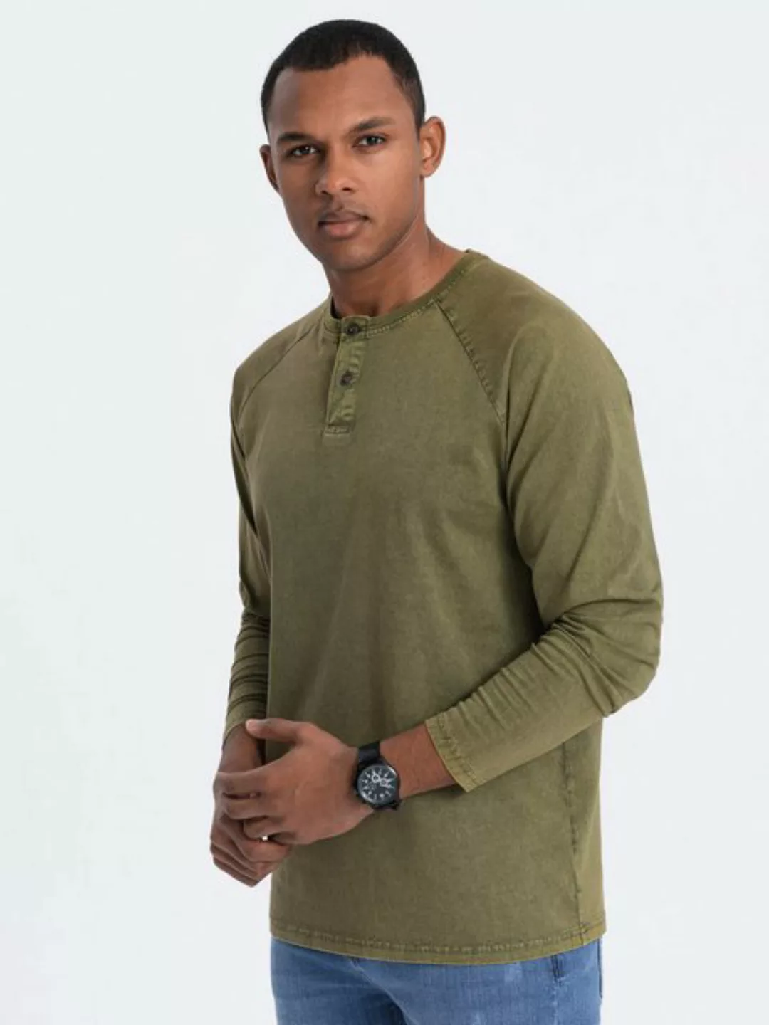 OMBRE Longsleeve Gewaschenes Henley-Longsleeve für Herren mit Raglanärmeln günstig online kaufen