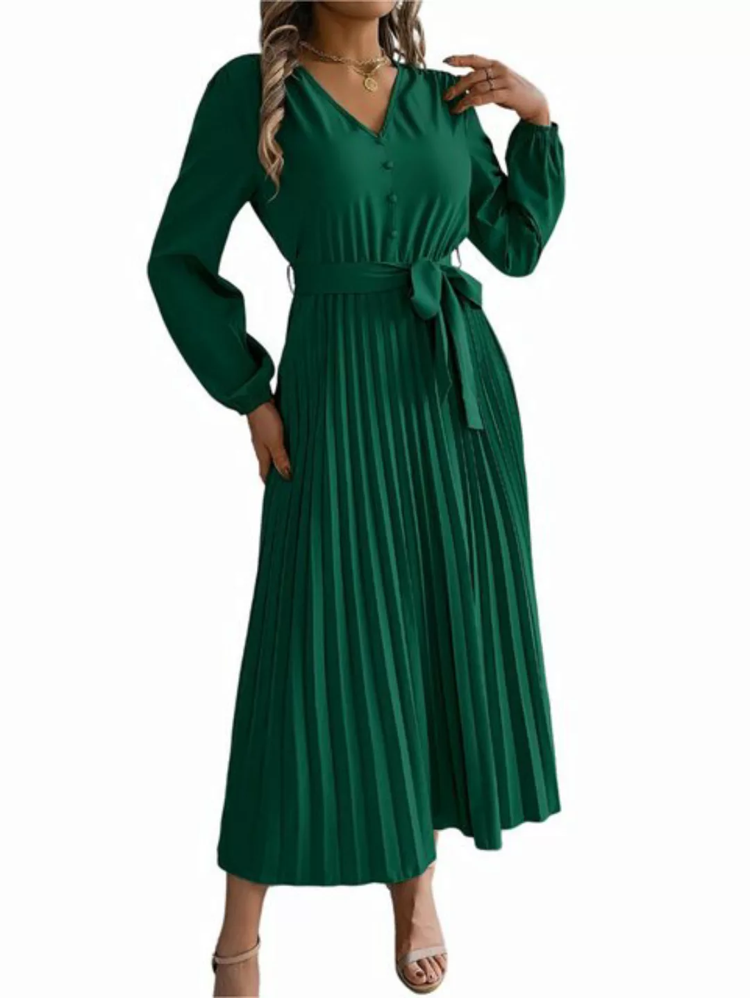 Mayou Plisseekleid Damen Elegant Langarm V-Ausschnitt Abendkleid mit Gürtel günstig online kaufen