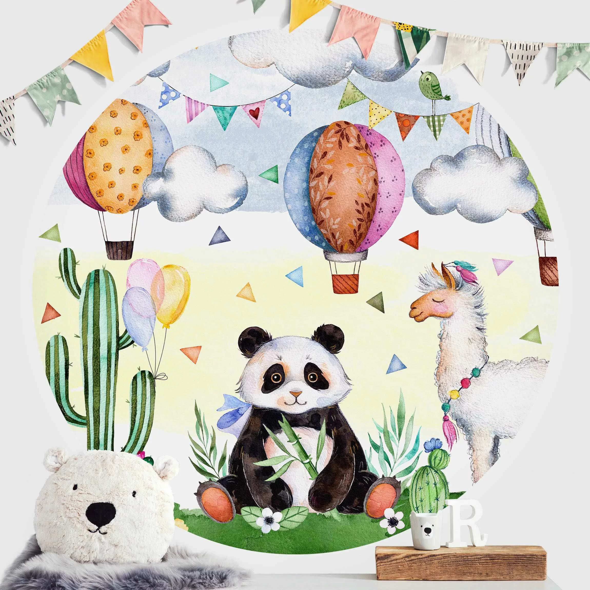 Runde Fototapete selbstklebend Panda und Lama Aquarell günstig online kaufen