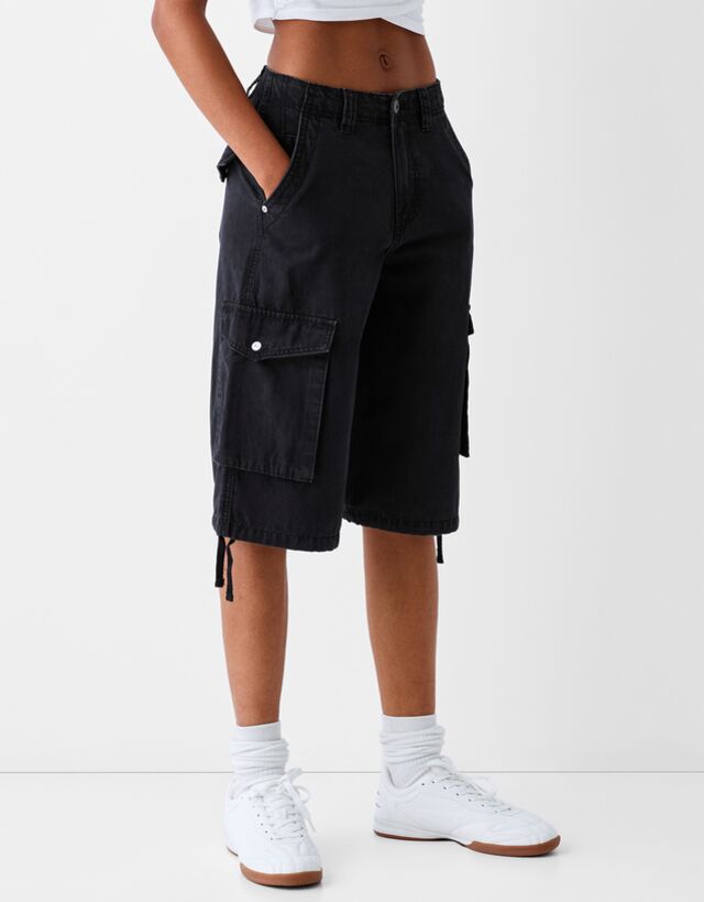 Bershka Cargo-Bermudas Im Baggy-Fit Aus Baumwolle Damen Schwarz günstig online kaufen