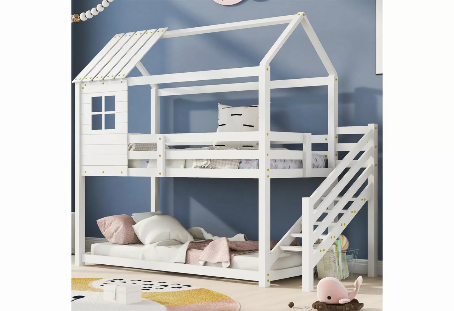 autolock Kinderbett Etagenbett,Bett mit Ecktreppe,Hausbett(200x90cm) Kinder günstig online kaufen
