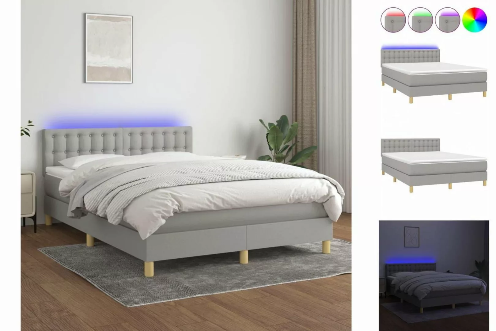 vidaXL Bettgestell Boxspringbett mit Matratze LED Hellgrau 140x190 cm Stoff günstig online kaufen