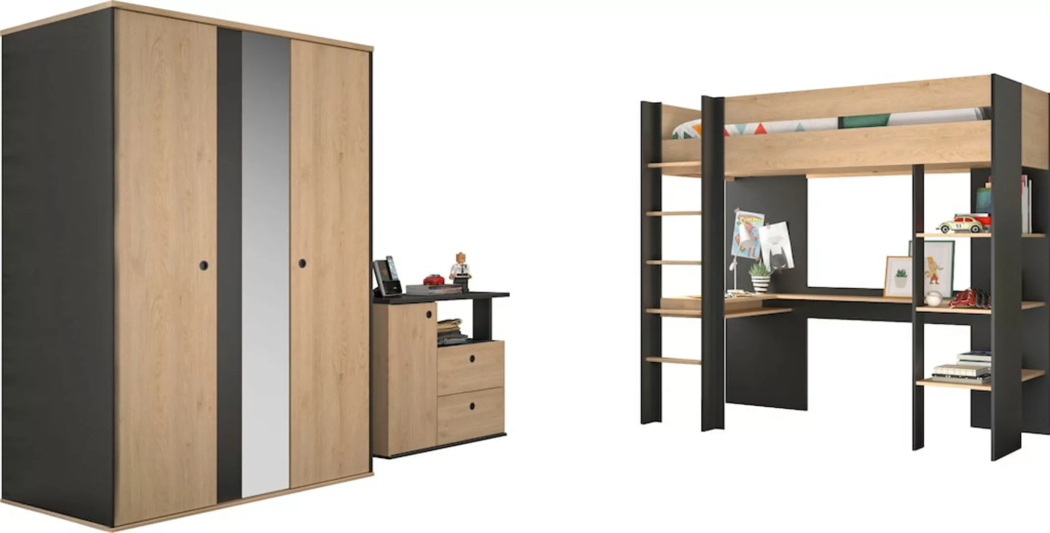 Gami Jugendzimmer-Set "Duplex", (3 St., Kleiderschrank, Kommode, Hochbett) günstig online kaufen