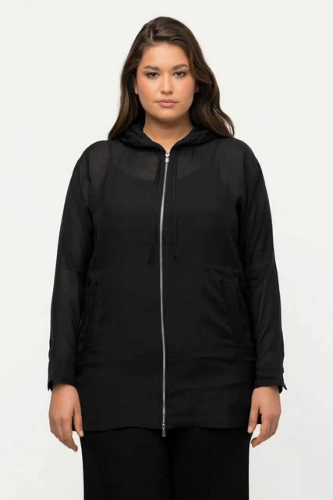 Ulla Popken Kurzjacke Jacke Semitransparent Kapuze Oversized Saumband günstig online kaufen