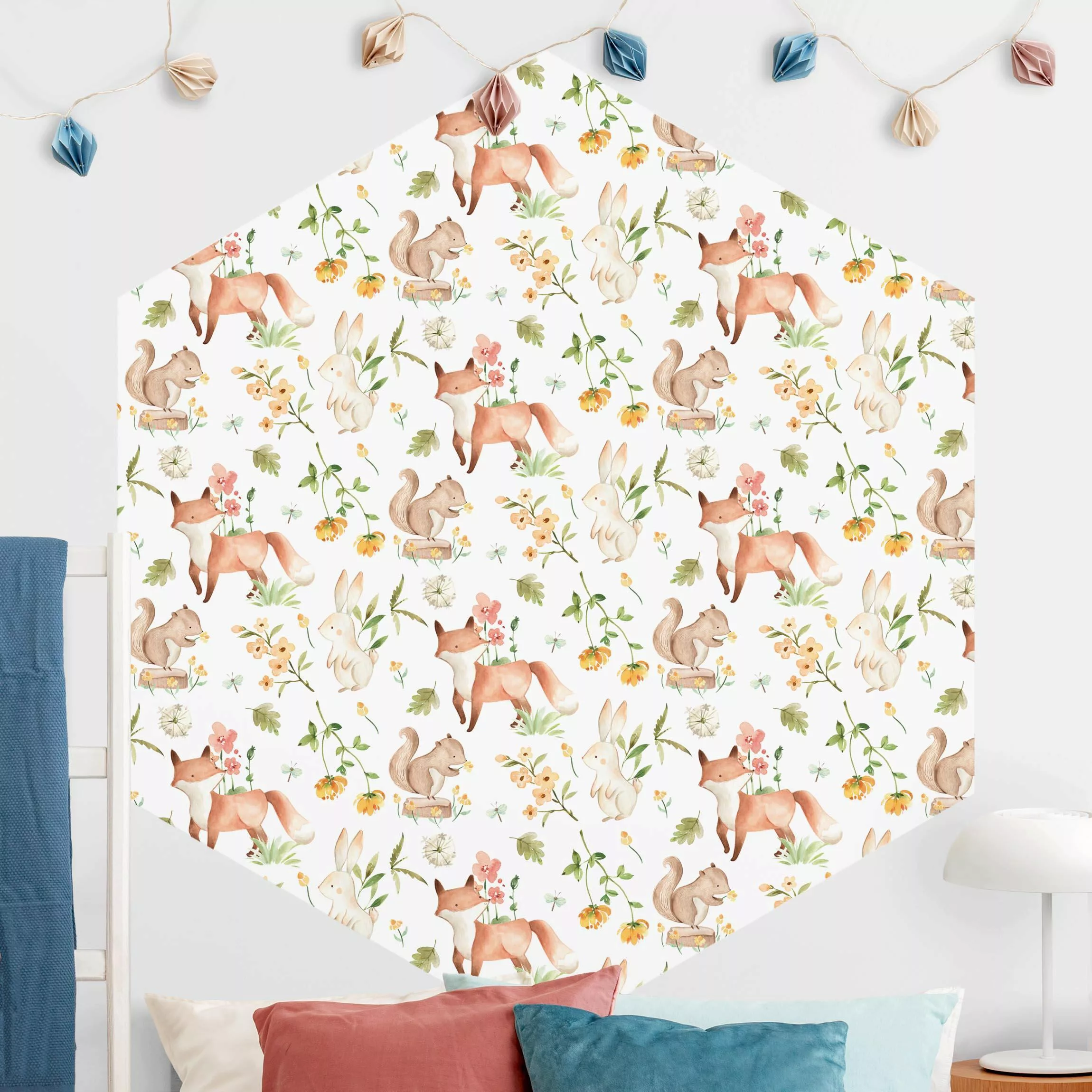 Hexagon Mustertapete selbstklebend Aquarell Waldtiere Fuchs und Hase günstig online kaufen