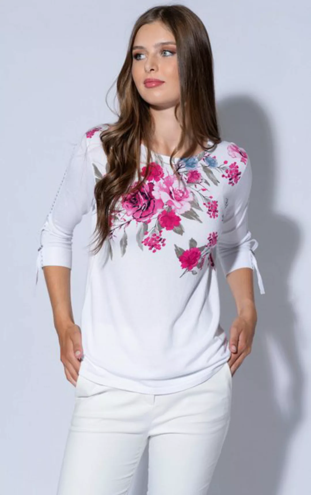 Passioni 3/4 Arm-Pullover Weißer Sommerpullover mit pinkem Blumenprint Rund günstig online kaufen