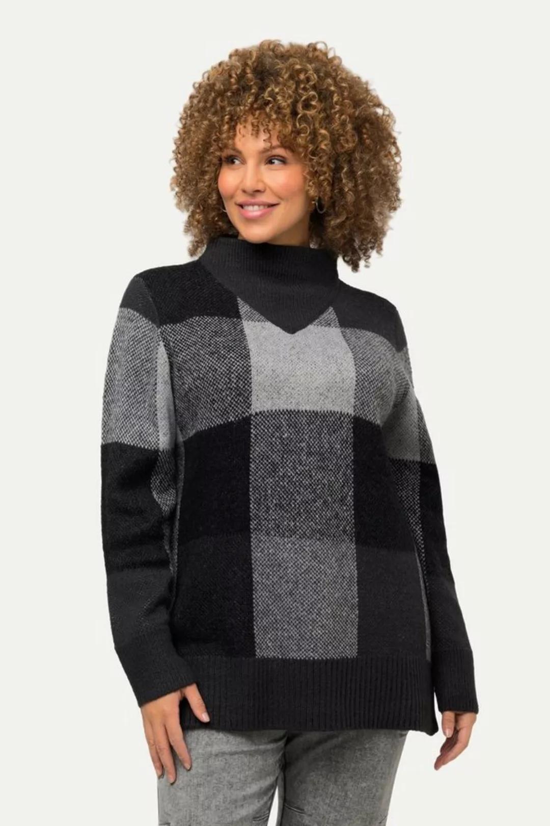 Ulla Popken Strickpullover Pullover Karomuster Stehkragen Langarm günstig online kaufen