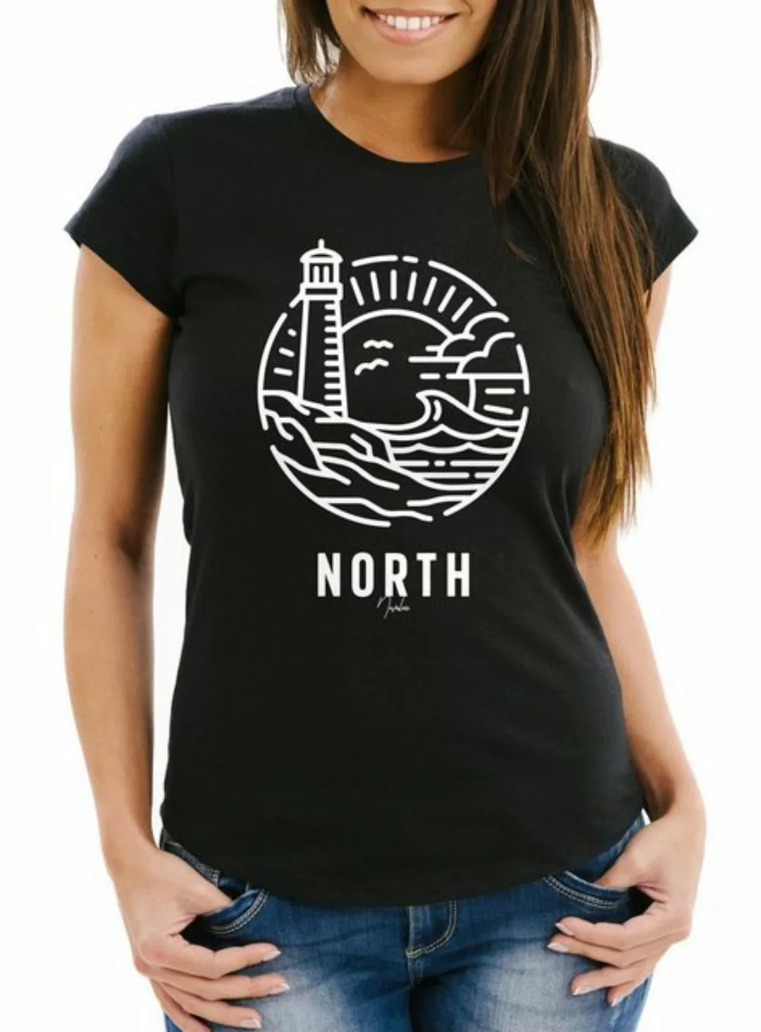 Neverless Print-Shirt Damen T-Shirt Logo Outline Art maritim Leuchtturm Wel günstig online kaufen