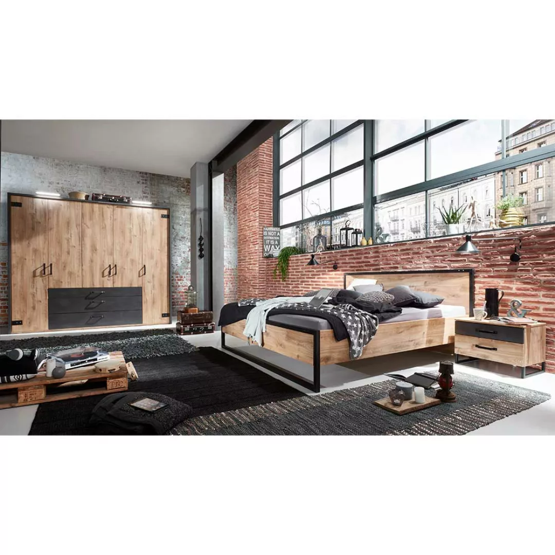 Komplettschlafzimmer Loft in Plankeneiche Holzoptik Schwarzgrau (vierteilig günstig online kaufen