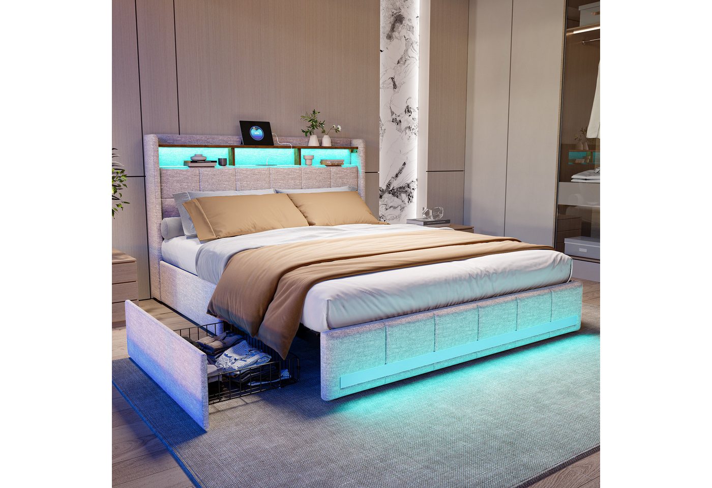 FUROKOY Polsterbett LED Doppelbett Bettgestell Bett mit Stauraum,Stauraumbe günstig online kaufen