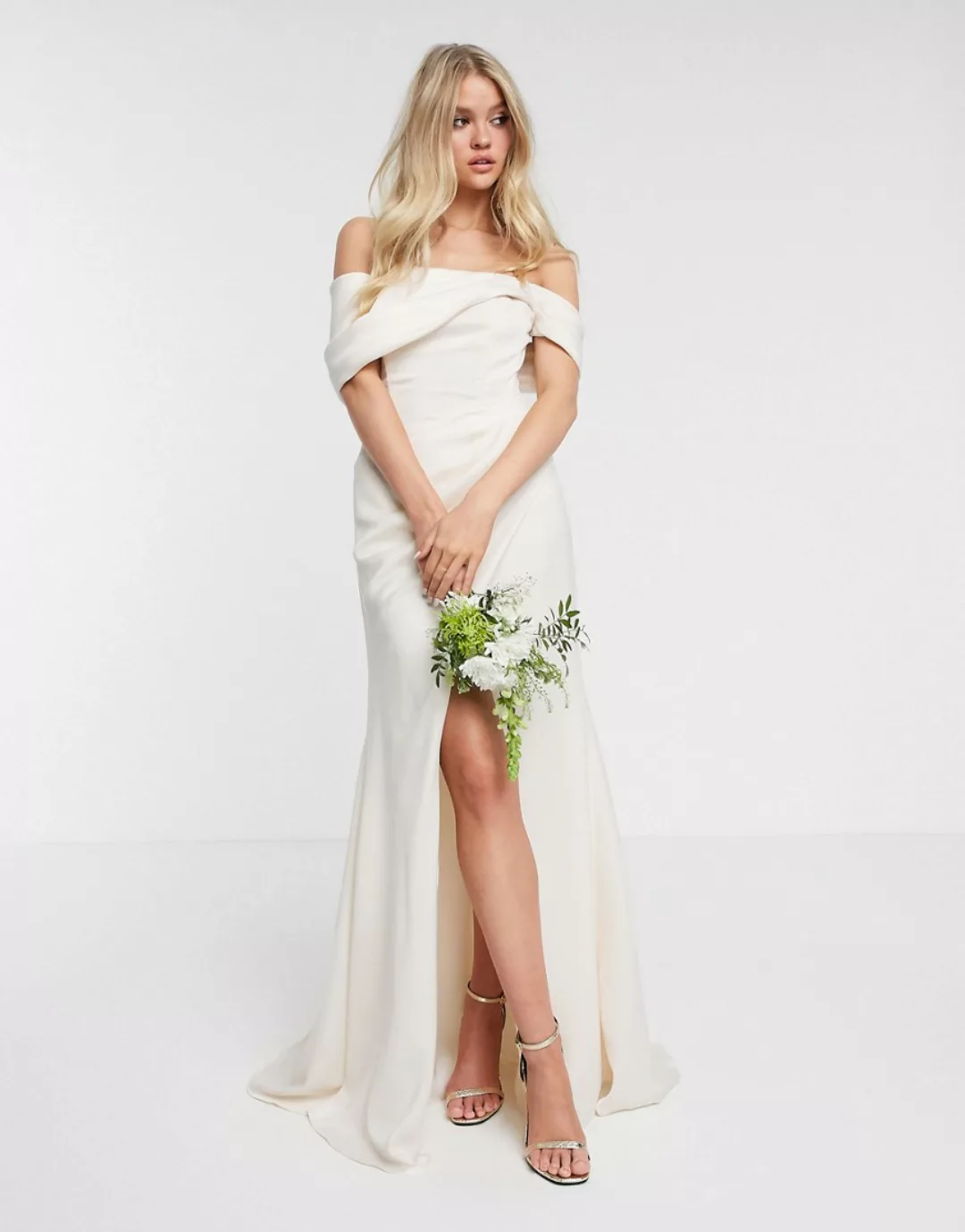 ASOS EDITION – Beatrice – Hochzeitskleid mit Carmen-Ausschnitt und Wickelop günstig online kaufen