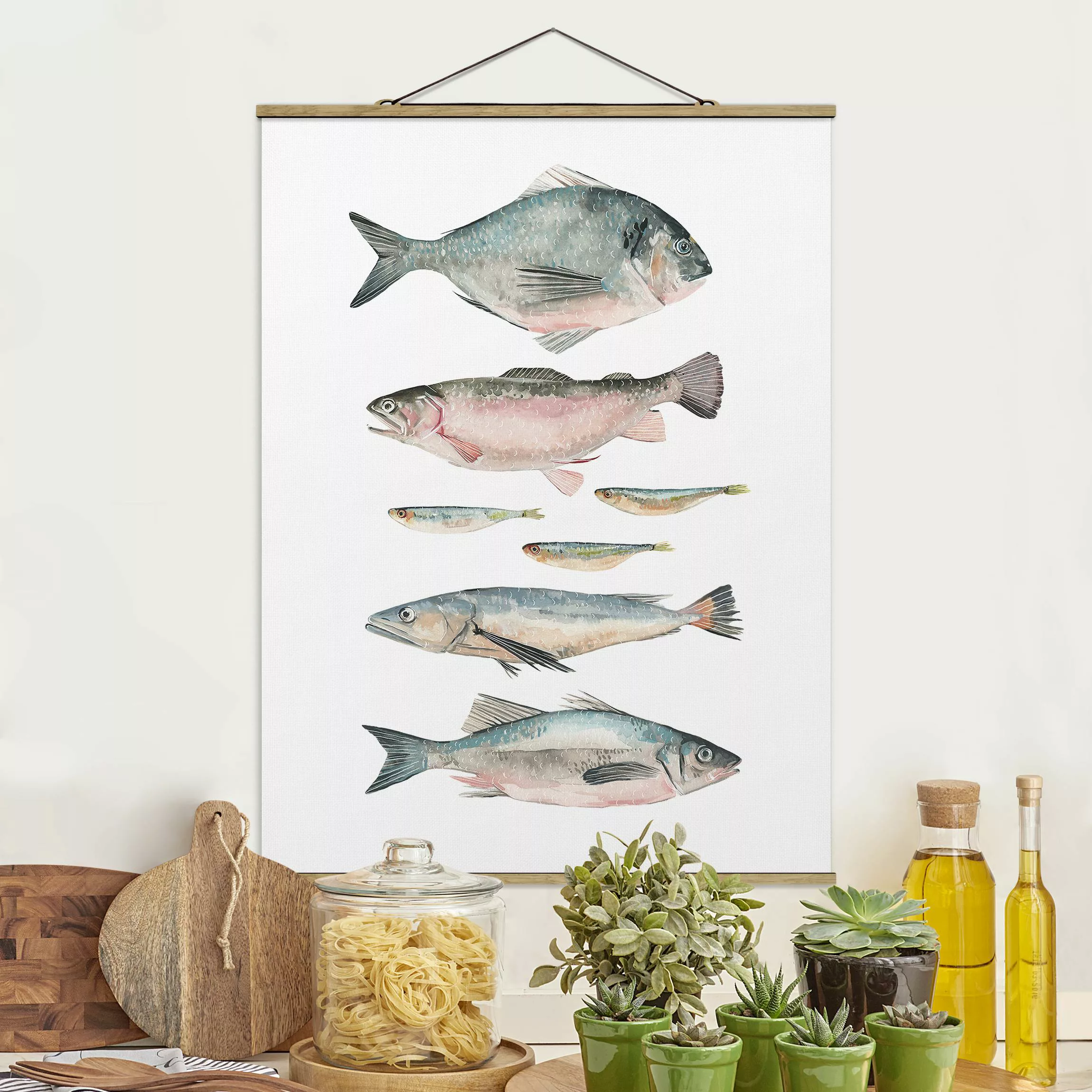 Stoffbild Tiere mit Posterleisten - Hochformat Sieben Fische in Aquarell II günstig online kaufen