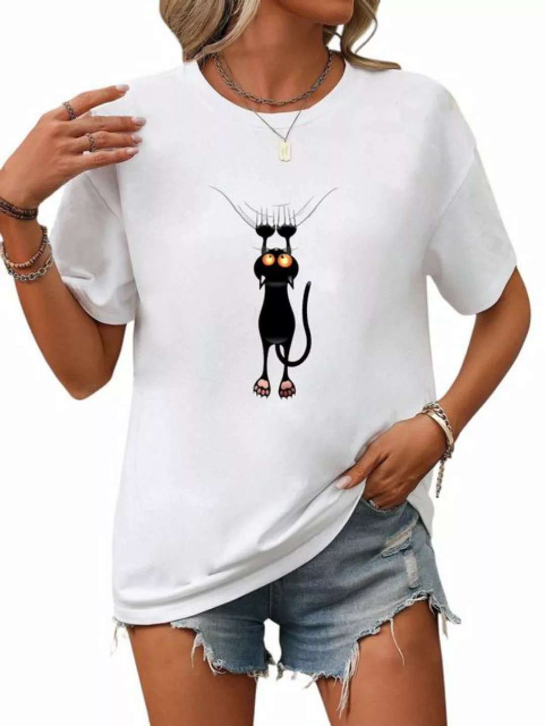 PYL Kurzarmshirt Damen Sommer Casual T-Shirt mit Schwarze Katze Print Tee günstig online kaufen