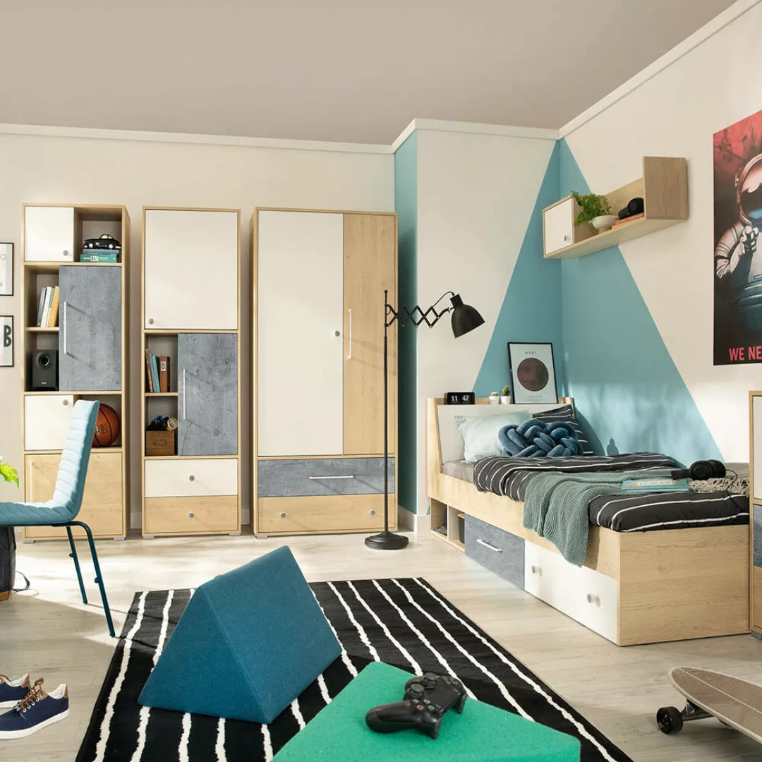 Jugendzimmer Set 5-teilig SPOKANE-133 mit Bett 90cm Eiche mit weiß und Beto günstig online kaufen