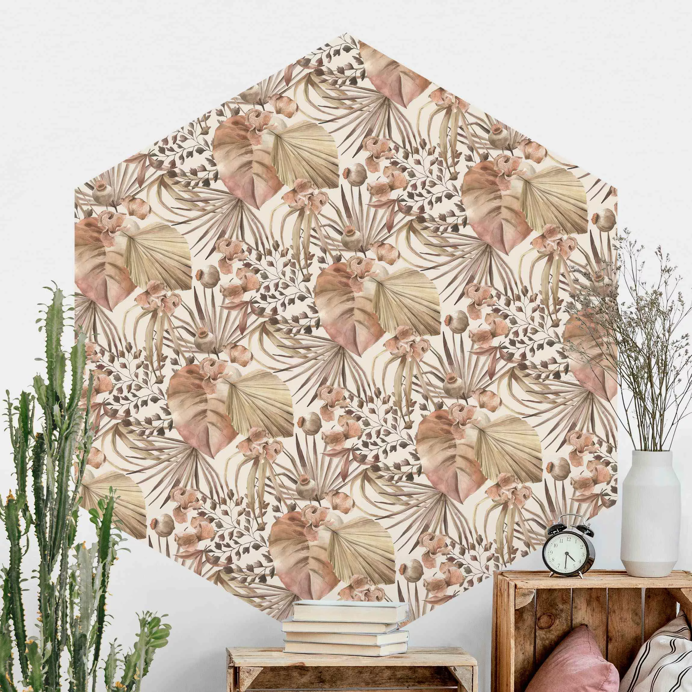 Hexagon Mustertapete selbstklebend Beige Palmenblätter günstig online kaufen