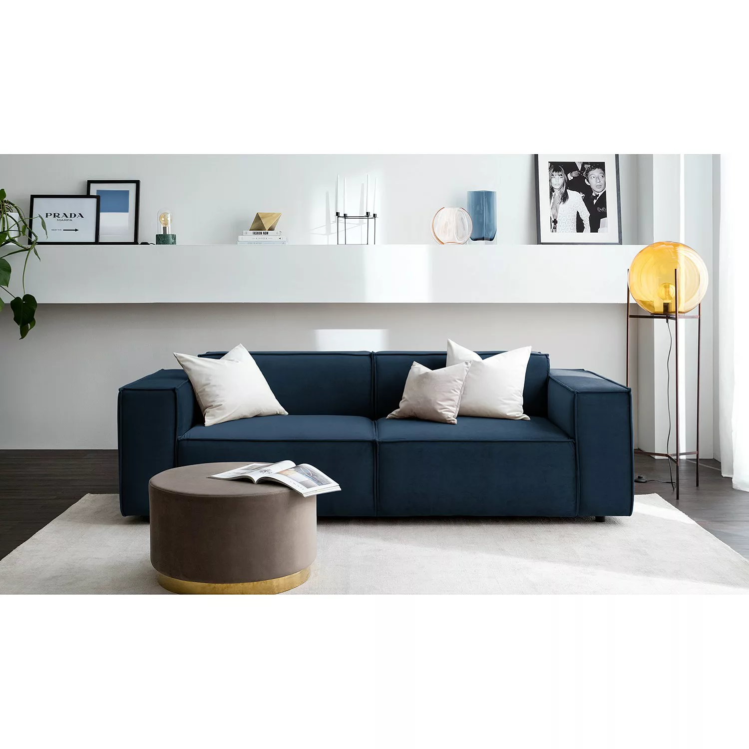 home24 Sofa Kinx II 2,5-Sitzer Dunkelblau Samt 223x71x96 cm (BxHxT) Glamour günstig online kaufen
