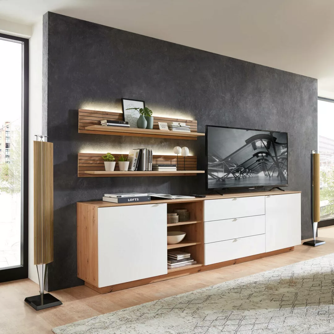 TV Sideboard Set mit Wandregalen Fernsehschrank Eiche mit weiß, Breite 240 günstig online kaufen