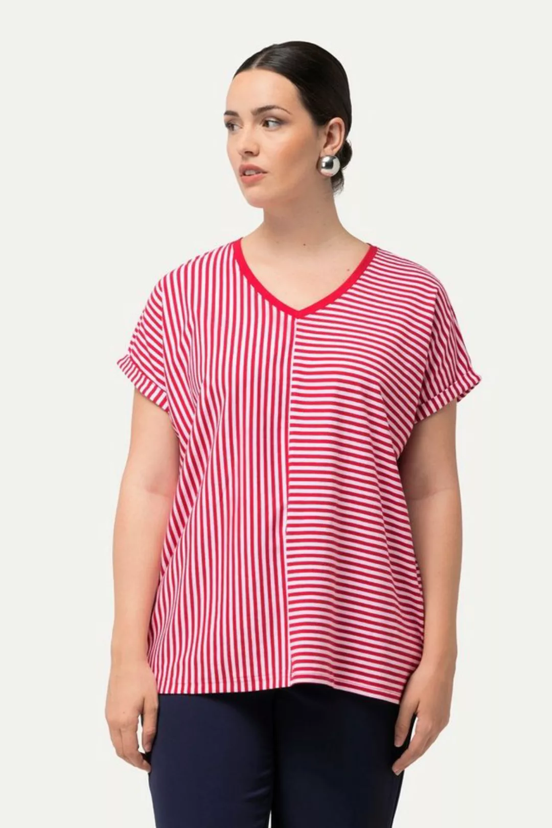 Ulla Popken Rundhalsshirt Shirt Ringelmix Oversized V-Ausschnitt Halbarm günstig online kaufen