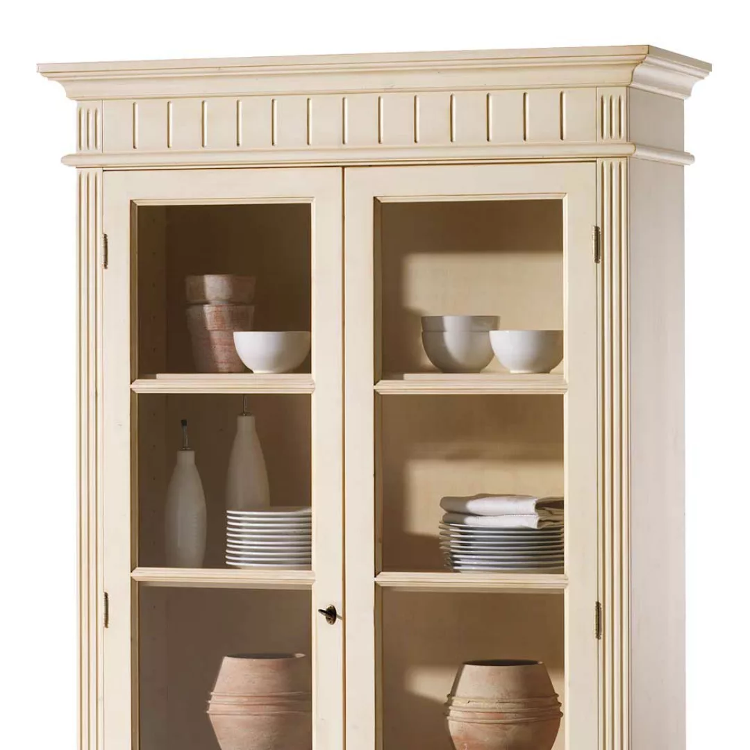 Landhaus Vintage Vitrinenschrank in Creme Fichte Massivholz günstig online kaufen