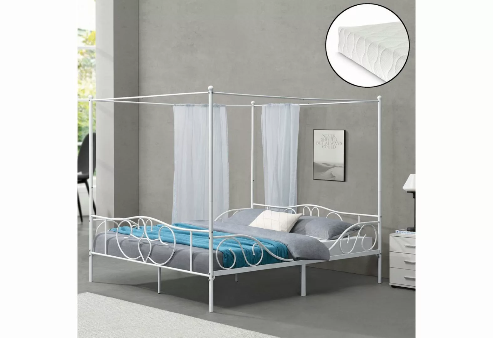 en.casa Himmelbett, »Finström« Doppelbett aus Stahl 180x200 cm mit Matratze günstig online kaufen