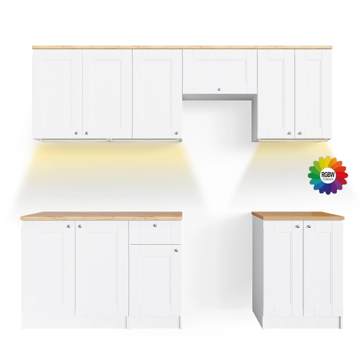 Vicco Bergamo Küchenzeile Weiß 240 cm AP Goldkraft mit LED-LeistenBergamo günstig online kaufen