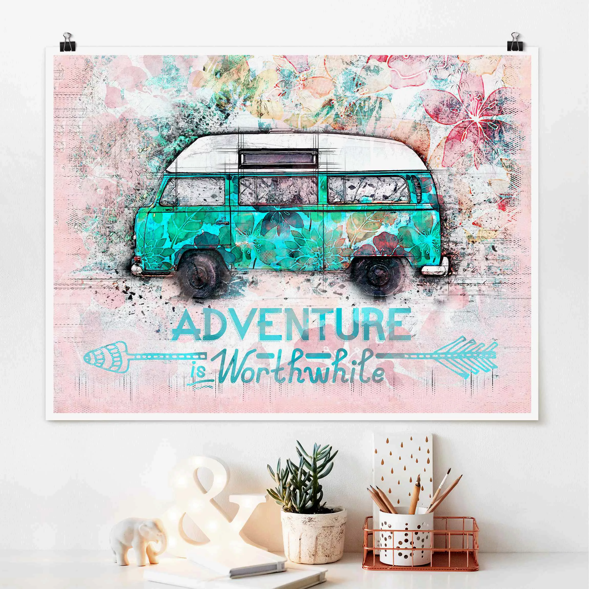 Poster Bulli Adventure Collage Pastell günstig online kaufen