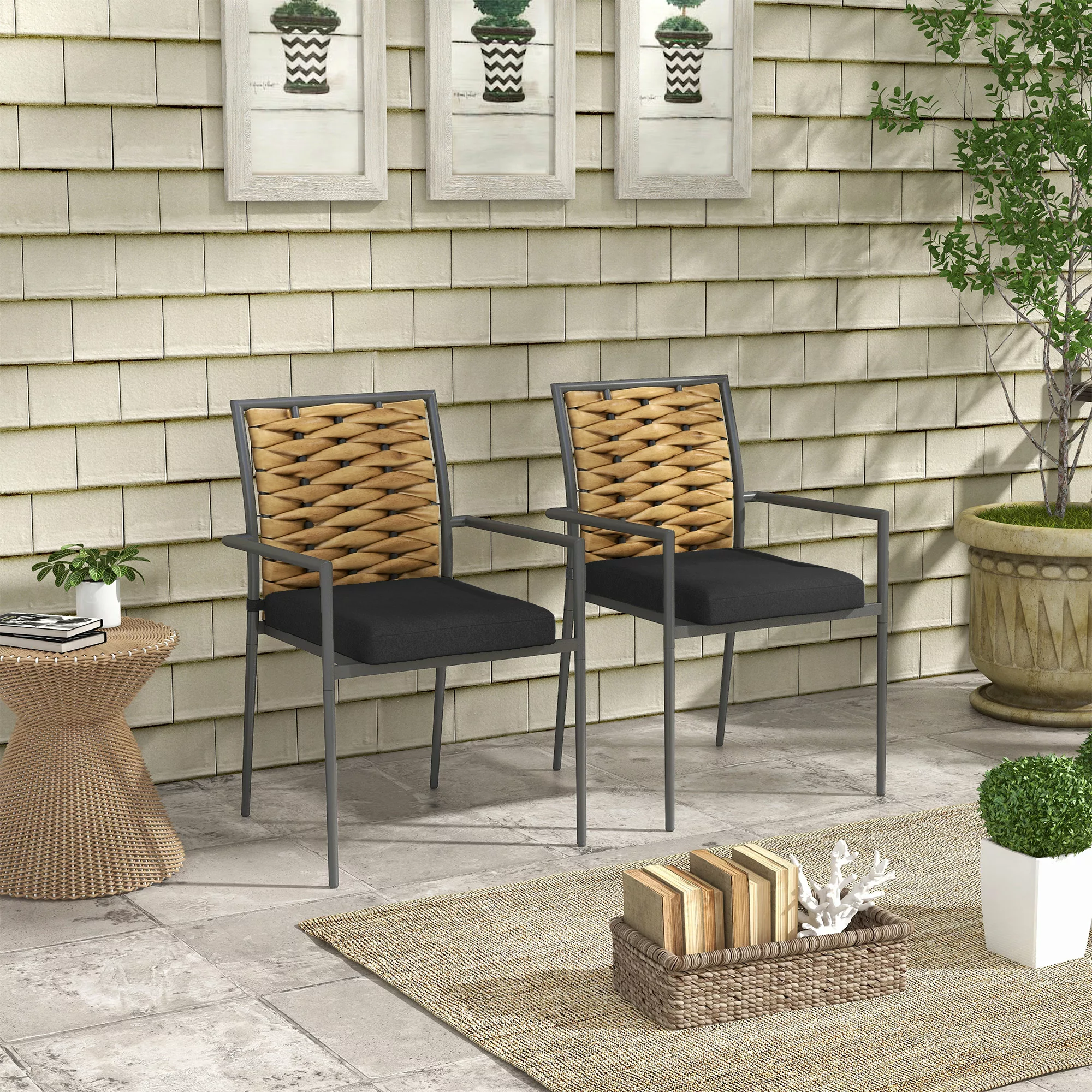 Outsunny 2er-Set Rattan Gartenstuhl, Gartensessel Set mit Kissen, stapelbar günstig online kaufen