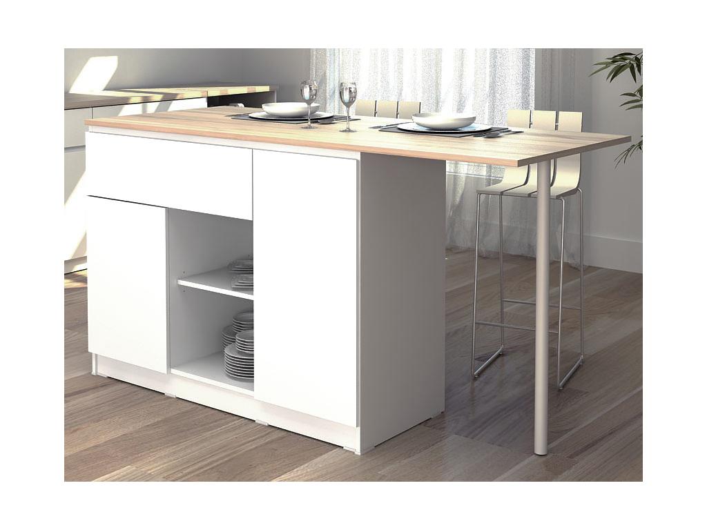 Kücheninsel mit 2 Türen, 1 Schubladen & 2 Regalfächern - Weiß & Helle Holzf günstig online kaufen