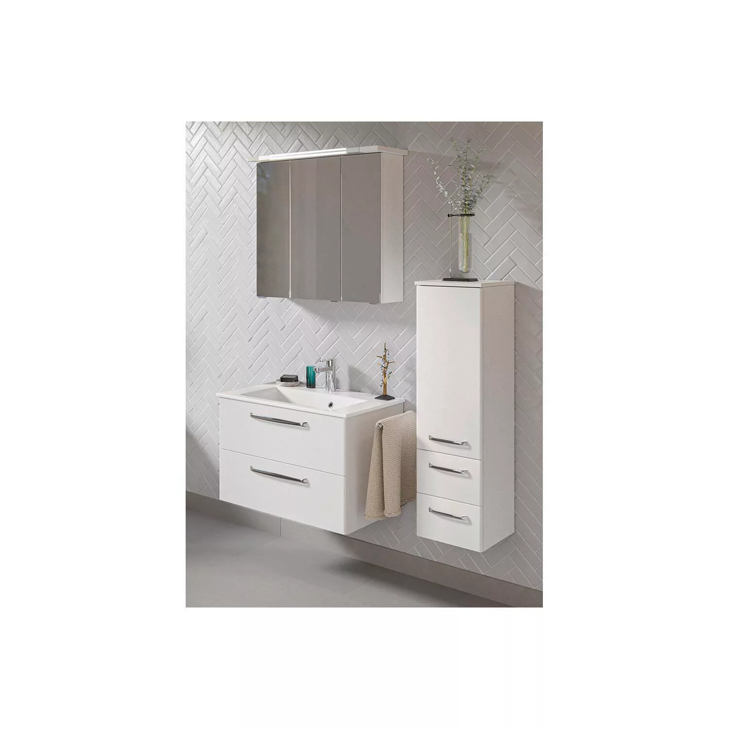 Badezimmer Komplett Set mit Mineralmarmorwaschbecken TRENTO-66 in weiß Glan günstig online kaufen