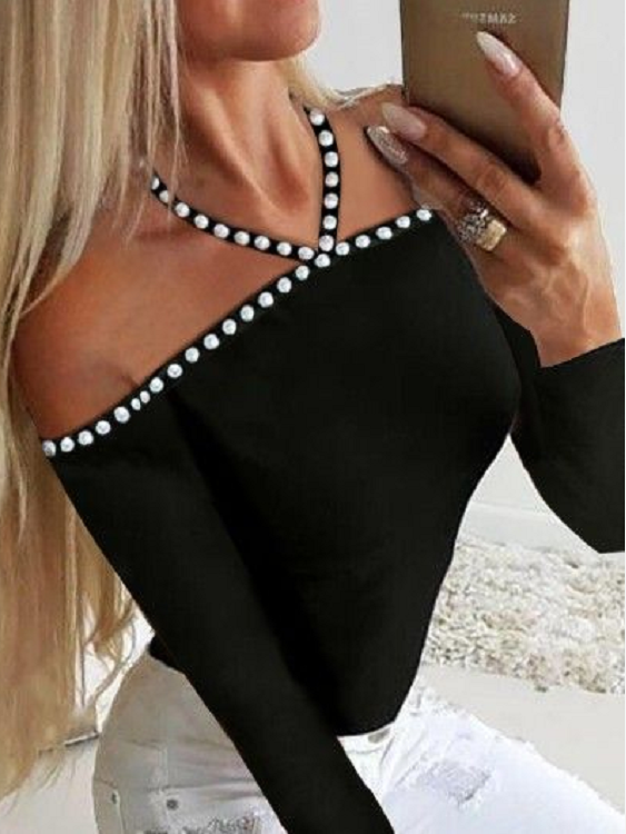 Sexy Perlen Dekor Halfter Langarm T-Shirt günstig online kaufen