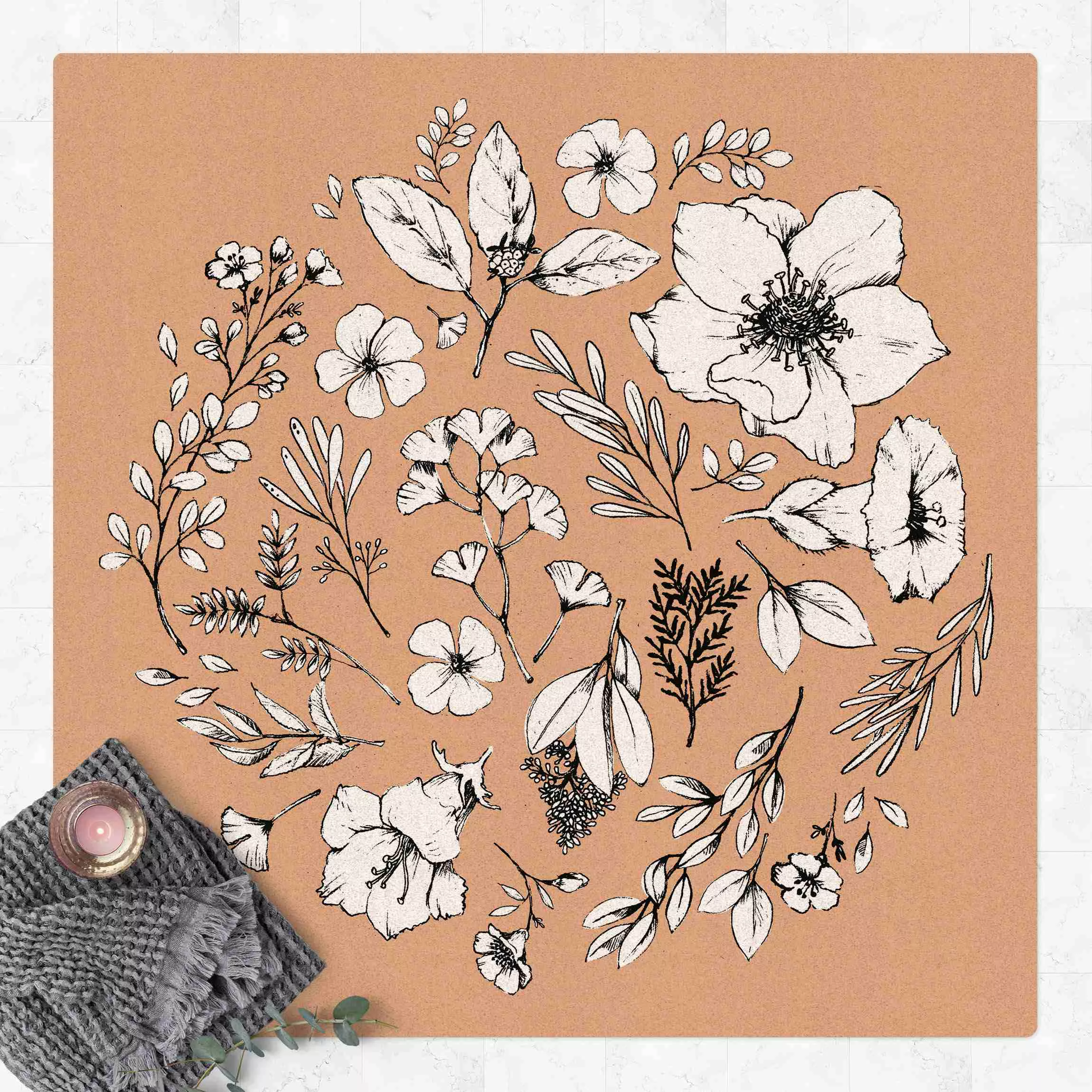 Kork-Teppich Gezeichnete florale Elemente Weiß günstig online kaufen