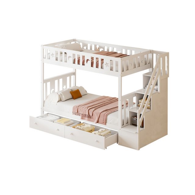 Flieks Etagenbett, Massivholz Kinderbett 90x200cm mit 2 Schubladen und Stau günstig online kaufen