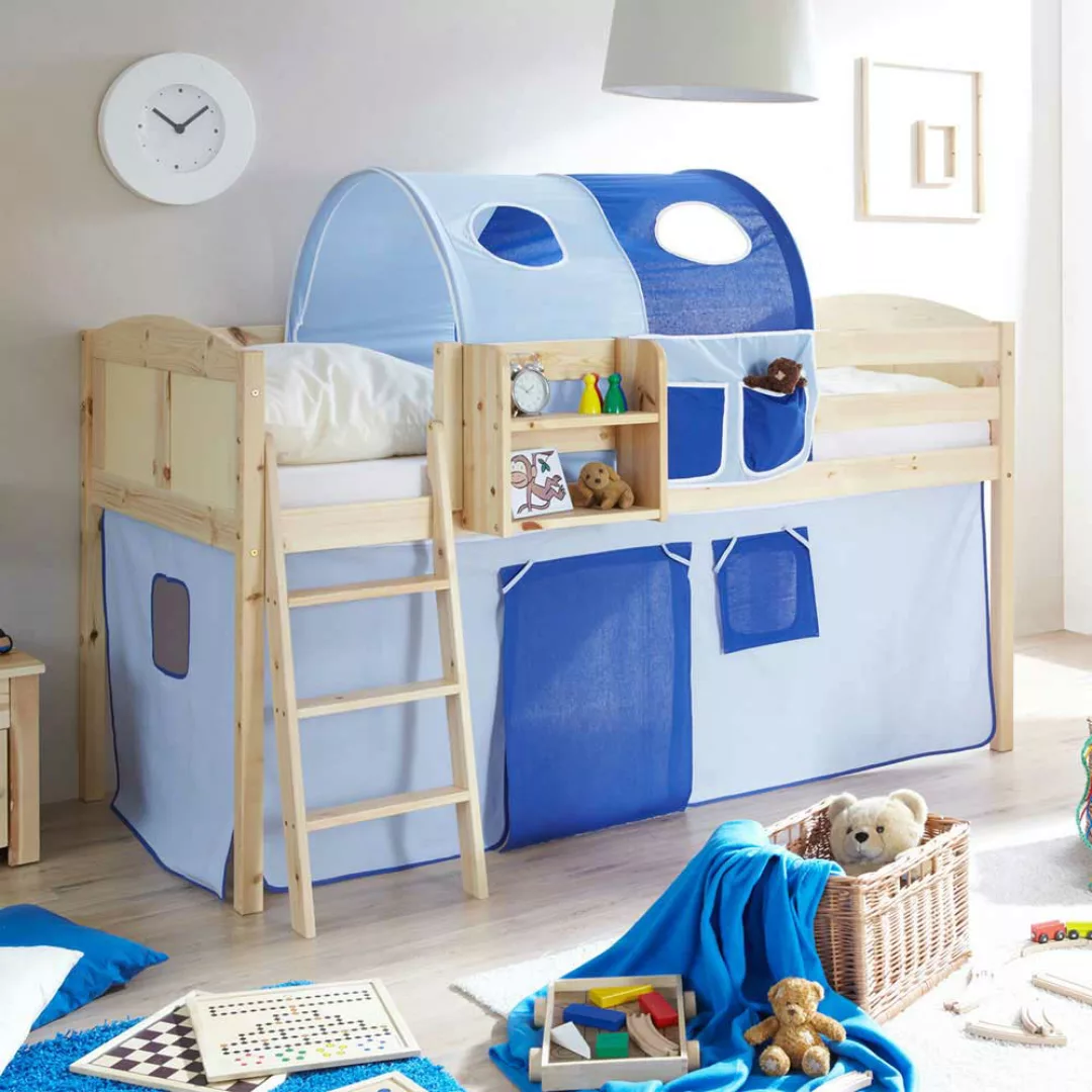 Kinderhochbett in Kieferfarben Blau günstig online kaufen