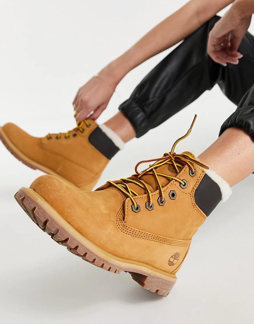 Timberland Premium – Schnürstiefel in Weizenbraun mit Lammfell günstig online kaufen