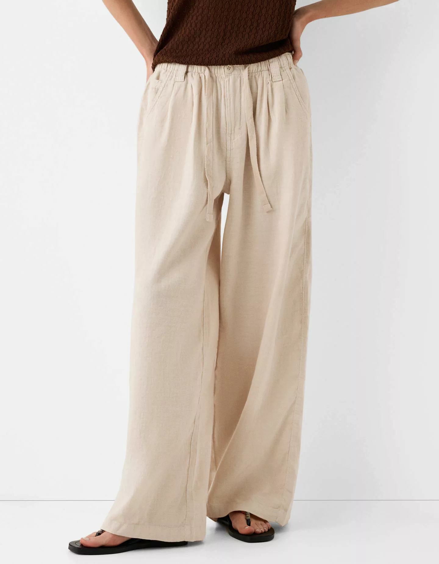 Bershka Wide-Leg-Hose Aus Leinenmischung Damen Xl Sandfarbe günstig online kaufen