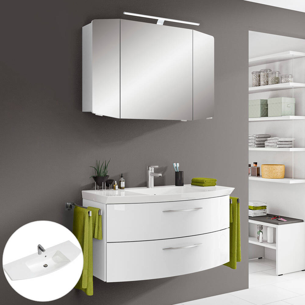 Badezimmer Waschplatz Set CERVIA-66 in Hochglanz weiß, inkl. LED-Spiegelsch günstig online kaufen