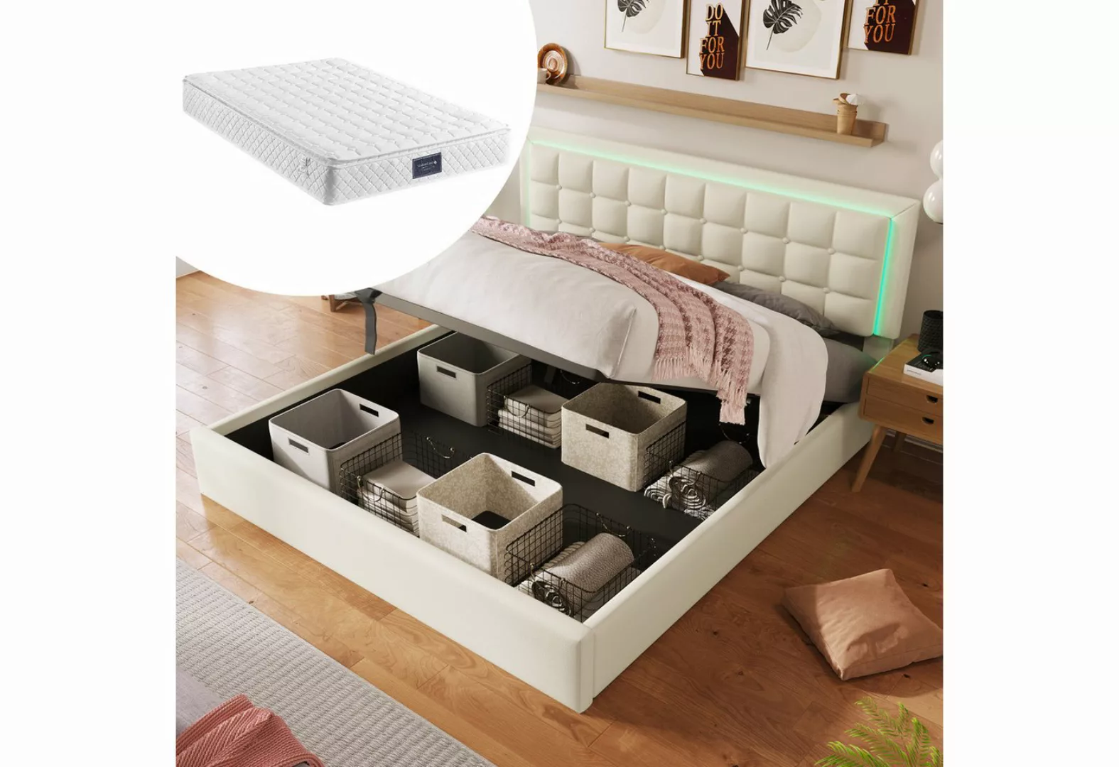 MODFU Polsterbett Leder Doppelbett Bett Funktionsbett Hydraulisch mit LED L günstig online kaufen